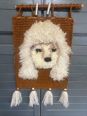 Vintage Handmade Brown & Cream Poodle Latch Hook Wall Hanging